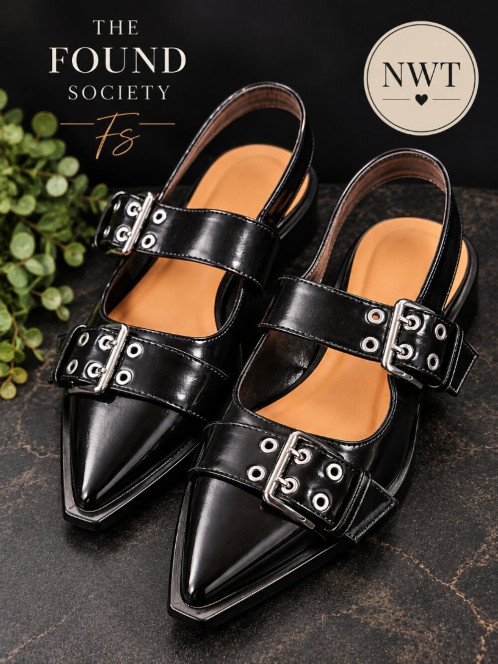 A New Day Peyton Black Double Buckle Pointed Toe Slingback Flats NWT 9